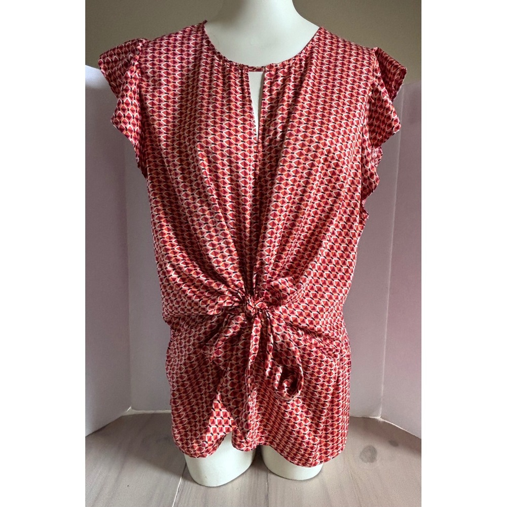Forever 21+ Womens 3X Red Geometric‎ Flutter Sleeve Front Tie Peplum Blouse Top